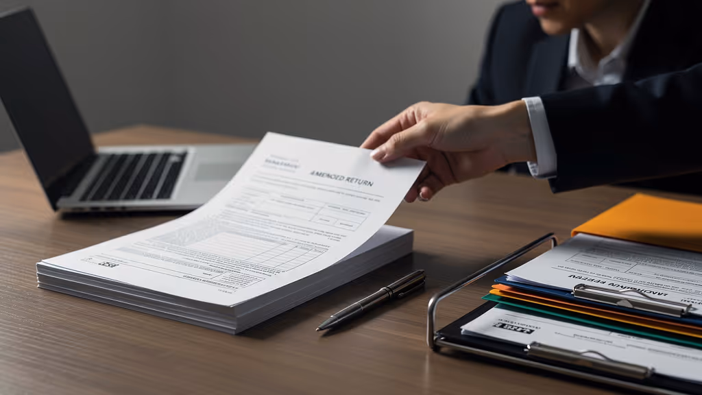 Person in business attire reaching to pick up a stack of tax forms labeled 'Amended Return' on a wooden desk with a laptop, pen, and organized documents in a tray.