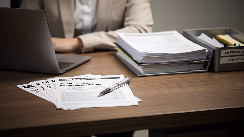 Documents titled 'TC-480 Guide' with a pen on a wooden desk, a person in a beige blazer, and stacks of additional paperwork in trays.