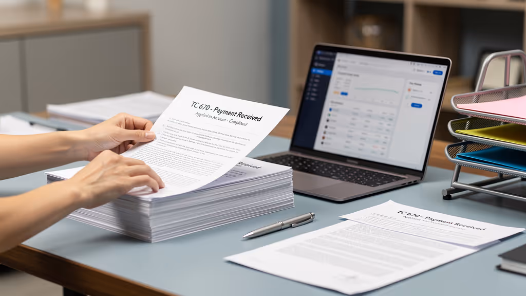 Person sorting through a large stack of papers titled 'TC 670 - Payment Received' on a desk with a laptop displaying a dashboard and a multi-tier paper organizer.