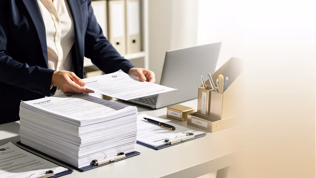 Person in business attire sorting through a large stack of printed documents on a desk with a laptop and office supplies.