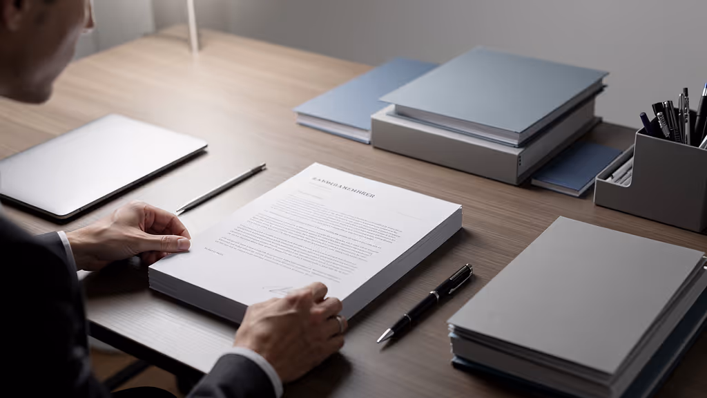 Person sitting at a desk reviewing a stack of documents with a pen and closed laptop nearby.