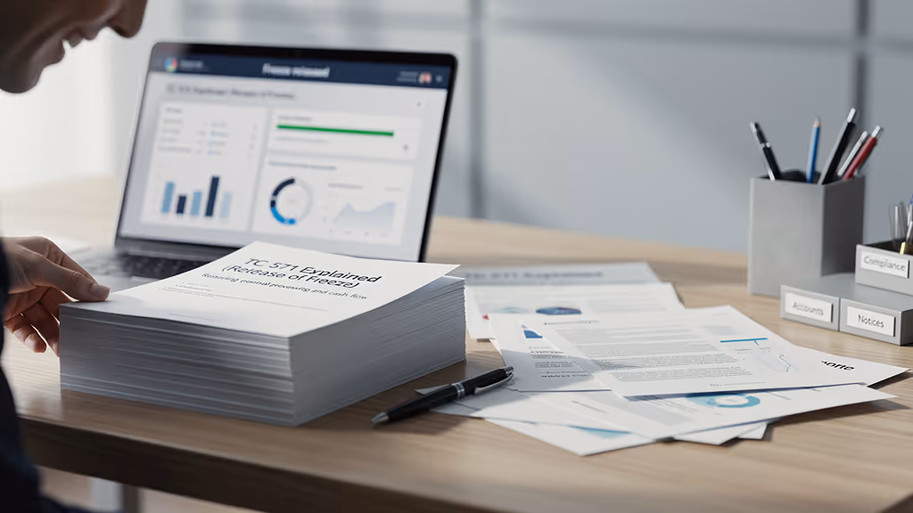 Person sorting a large stack of papers titled 'TC 571 Explained (Release of Freeze)' on a desk with scattered documents and an open laptop displaying charts.