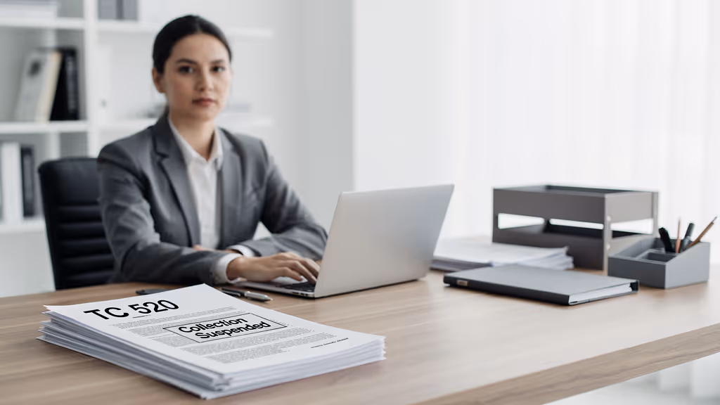 Businesswoman in a gray suit working on a laptop at a desk with a stack of papers labeled TC 520 Collection Suspended in the foreground.