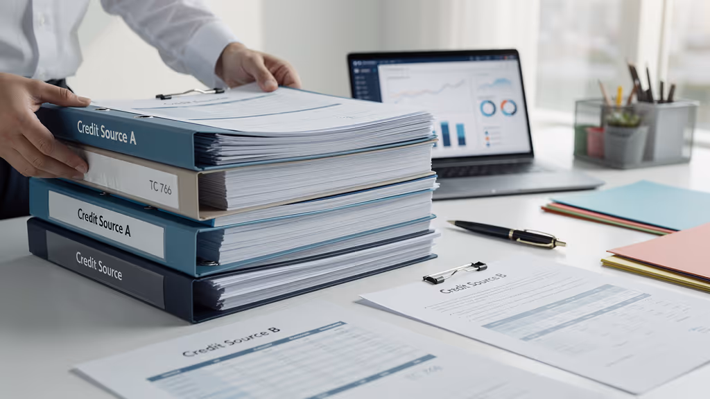 Person organizing thick binders labeled Credit Source A and Credit Source B on a desk with financial documents and a laptop displaying charts in the background.