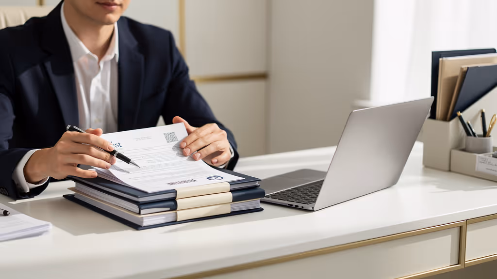 Person in business attire reviewing paperwork with pen at desk alongside a laptop and organized files.