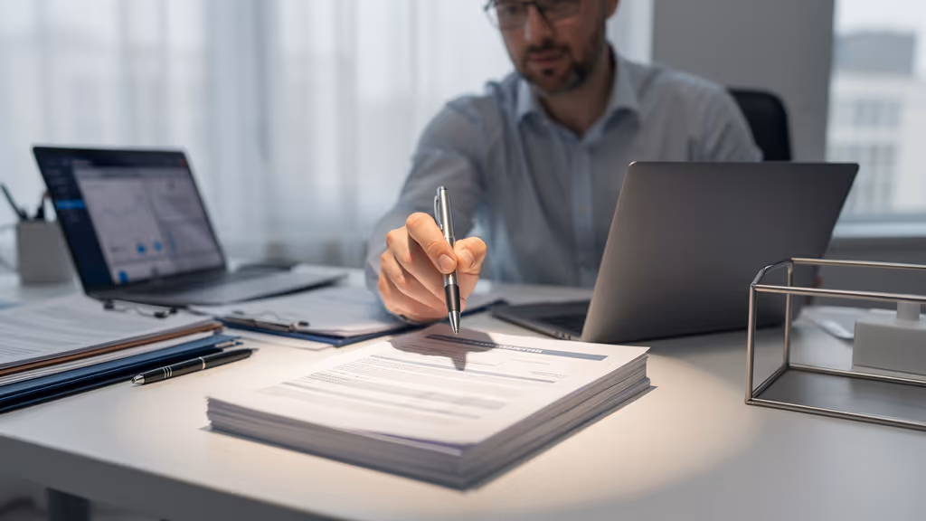 Man holding a pen over a stack of documents on a desk with a laptop and open binder in a modern office.