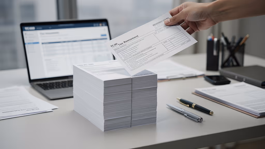 Hand holding a tax assessment form over a large stack of similar forms on a desk, with a laptop and pens in the background.