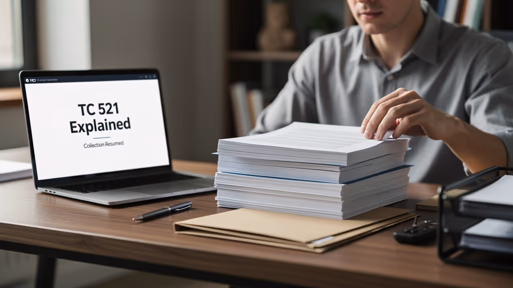 Person sorting through large stacks of documents on a desk next to an open laptop displaying the text 'TC 521 Explained Collection Resumed'.