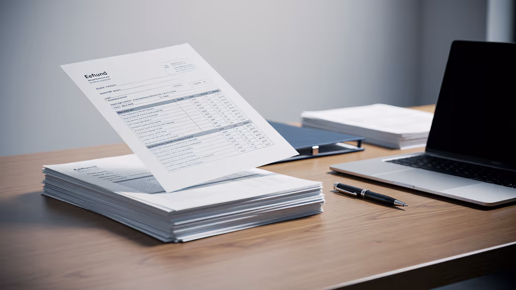 Stack of printed invoices on a wooden desk next to a pen and a closed laptop.