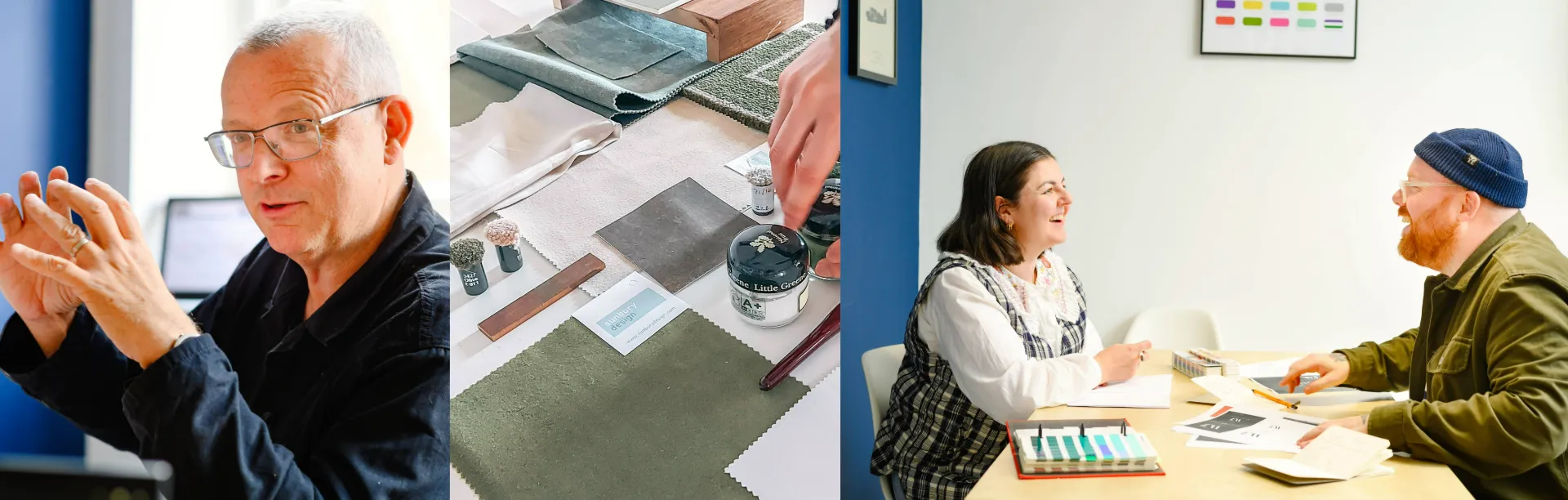 Collage of a man speaking, textile samples on a table, and two people smiling in a discussion.