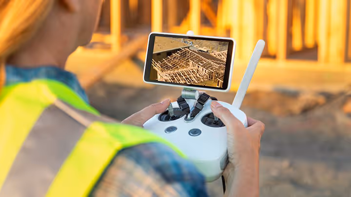 person looking at a construction site through a drone video feed
