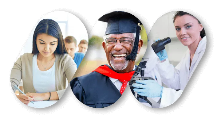 Girl writing in notebook in classroom, man in graduation gown and cap outside, and girl looking into microscope wearing lab coat in laboratory