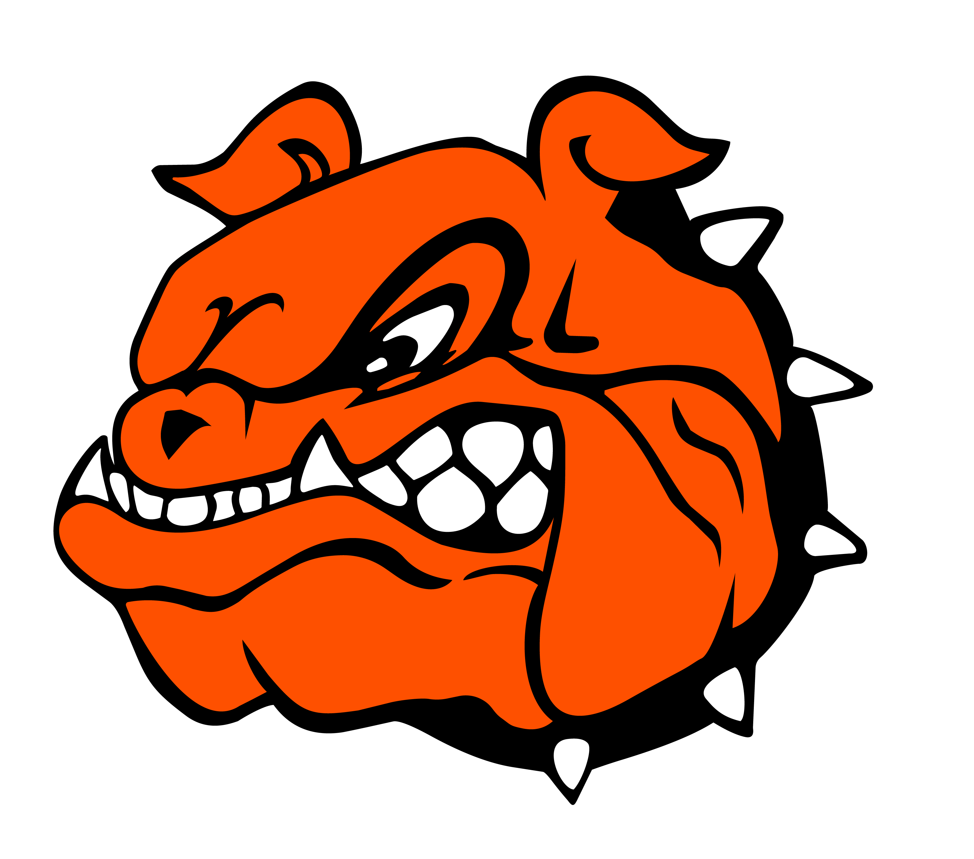 Angry orange bulldog head mascot with a spiked black collar, showing clenched teeth.