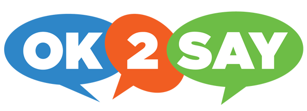 Graphic with the text 'OK 2 SAY' in white letters inside blue, orange, and green speech bubbles.
