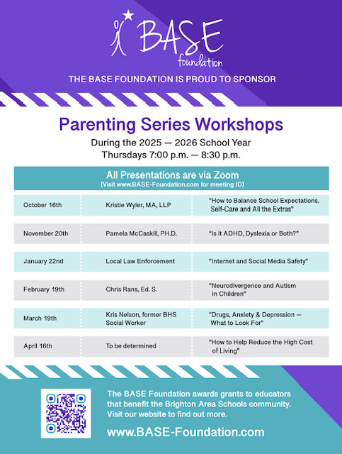 Flyer for BASE Foundation Parenting Series Workshops during 2025-2026 school year, Thursdays 7-8:30 p.m. via Zoom, listing topics and presenters from October to April.