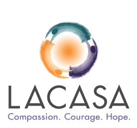 LACASA logo with a circular brushstroke design in blue, orange, and purple above the text 'LACASA' and the tagline 'Compassion. Courage. Hope.'