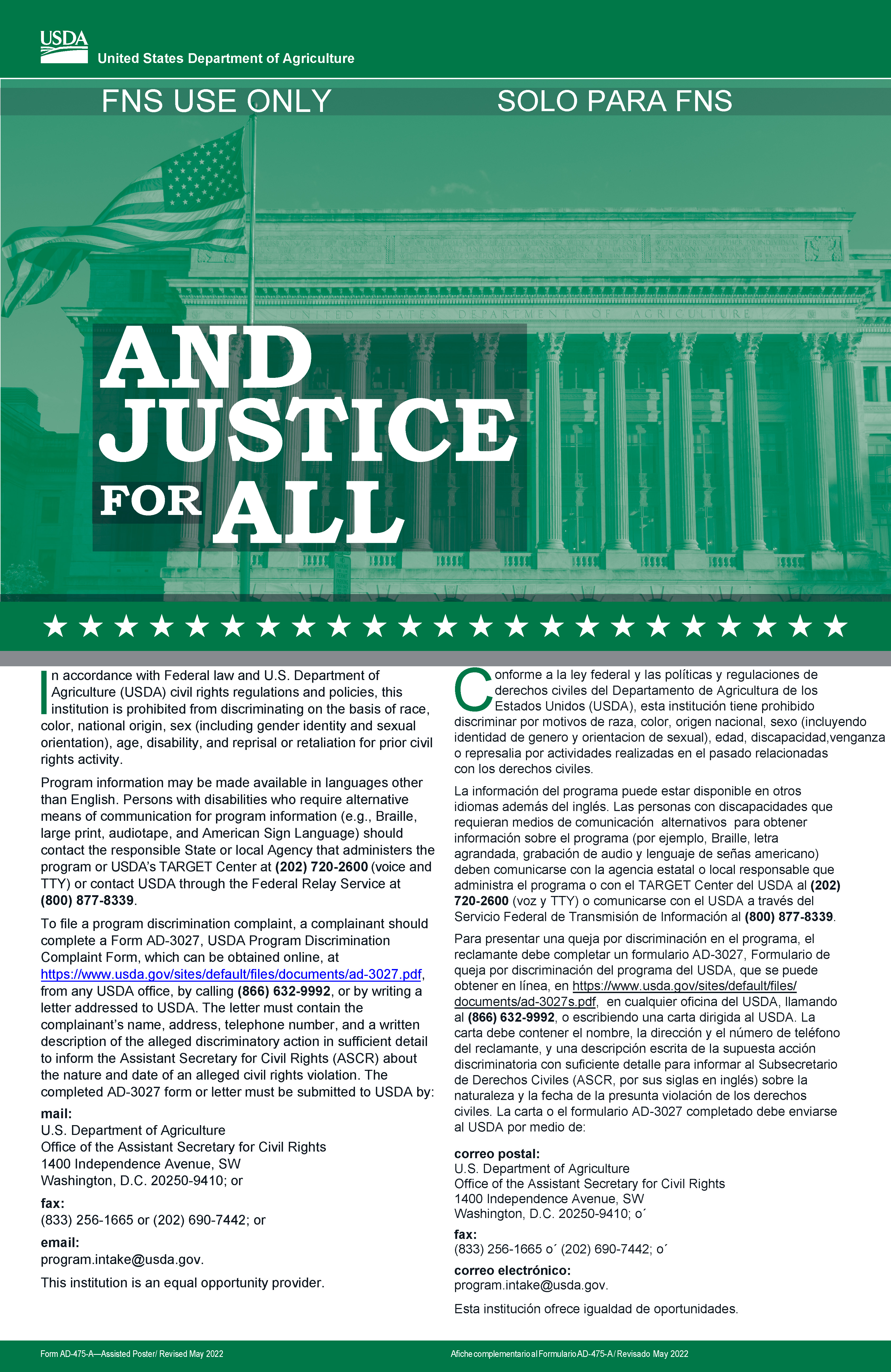 USDA civil rights notice poster in English and Spanish detailing non-discrimination policy, complaint procedures, and contact information.