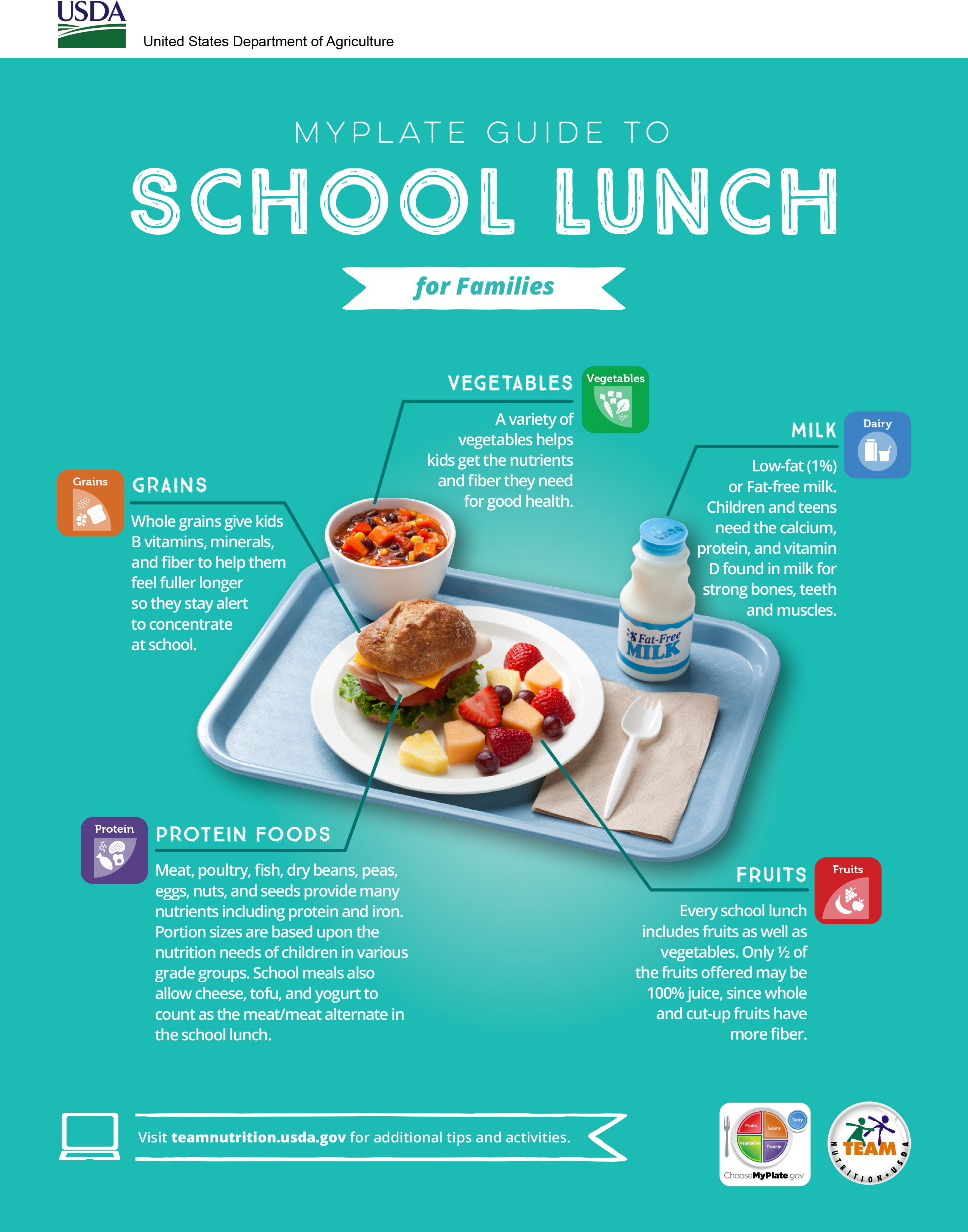 USDA MyPlate Guide to School Lunch shows a tray with a sandwich, mixed fruit, vegetable soup, and a bottle of fat-free milk, highlighting nutritional benefits of grains, vegetables, protein foods, fruits, and milk for children.