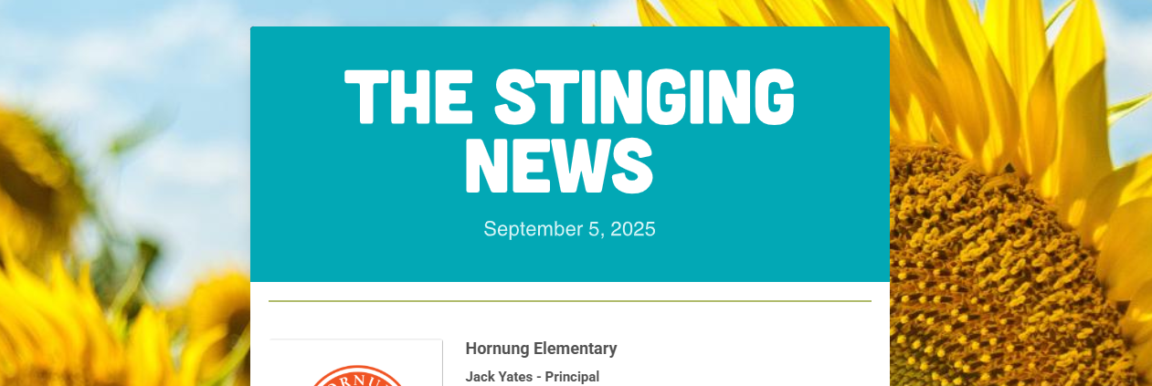 Header of The Stinging News newsletter dated September 5, 2025, with sunflowers in the background.