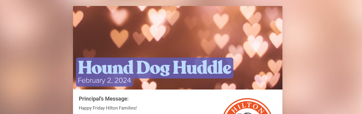 Title 'Hound Dog Huddle' with the date February 2, 2024, on a background of heart-shaped bokeh lights.