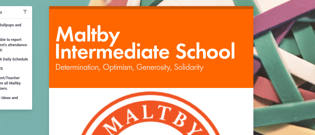 Maltby Intermediate School logo with the motto 'Determination, Optimism, Generosity, Solidarity' on an orange background.