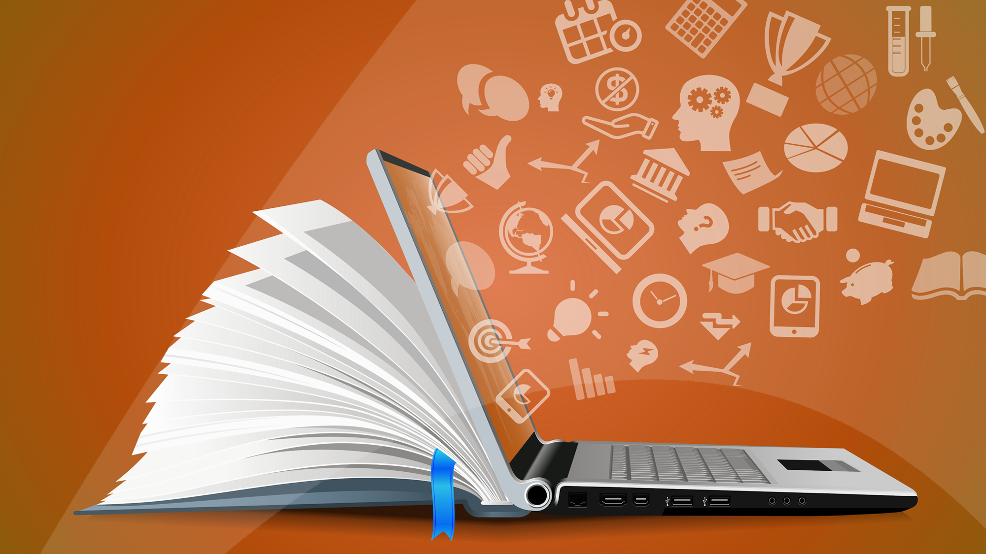Illustration of an open book transforming into a laptop with floating educational and business icons above.