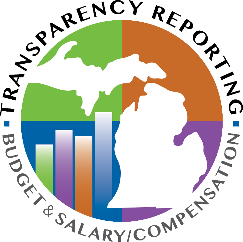 Logo with Michigan map and bar chart icons, encircled by text reading Transparency Reporting Budget & Salary Compensation.