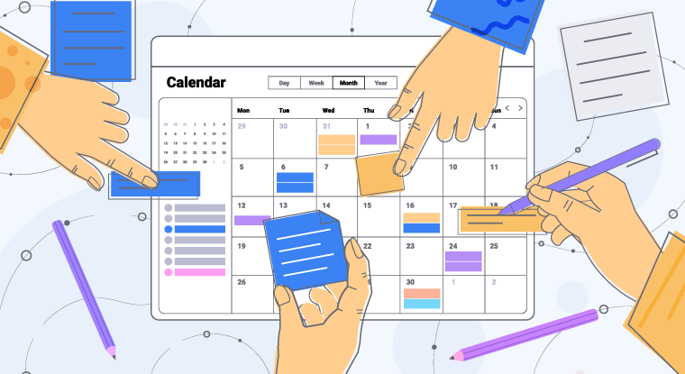 Illustration of a digital calendar with colored event blocks and four hands placing sticky notes and writing with a pen around it.