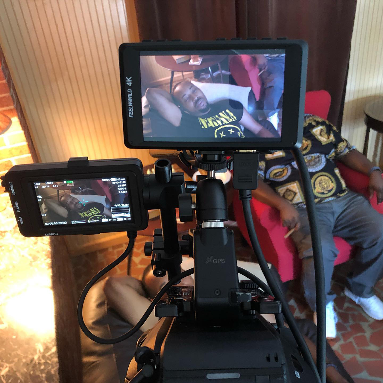 Camera getting overhead shot of actor