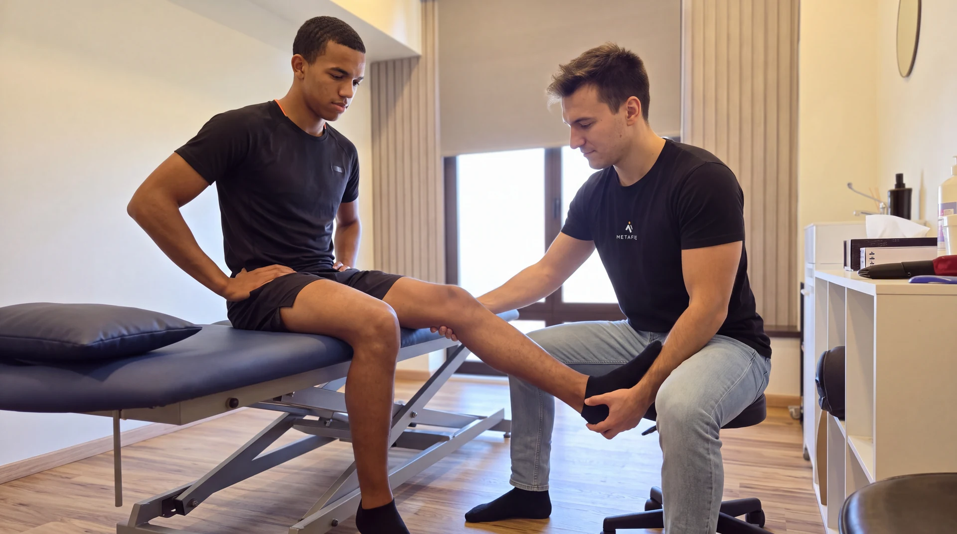 Fisioterapeuta acompanha o movimento da perna de um atleta.