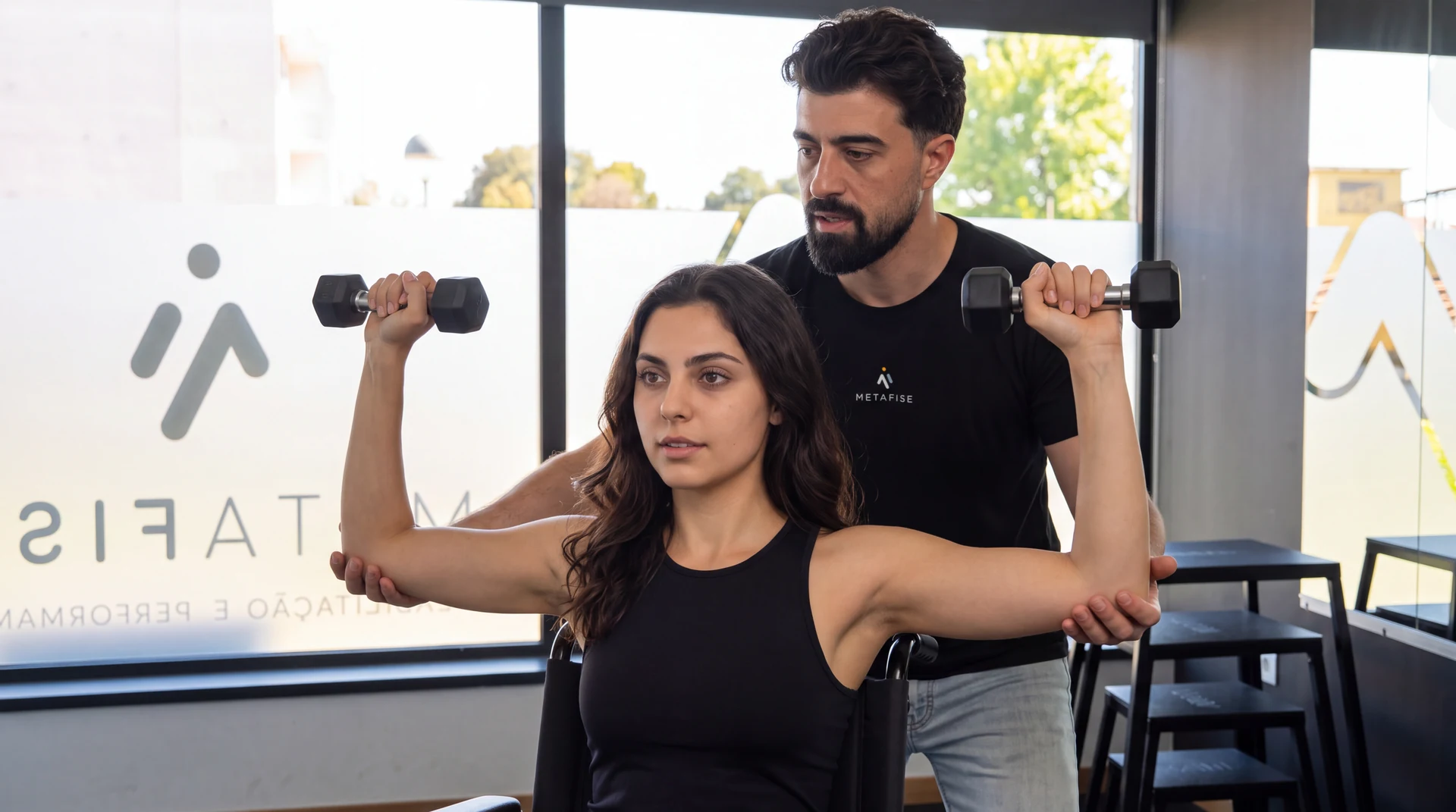 Exercício dos braços com halteres e apoio do fisioterapeuta.