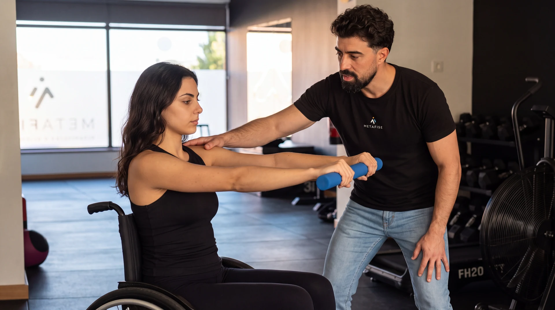 Utente em cadeira de rodas realiza um movimento com bastão, acompanhada pelo fisioterapeuta.
