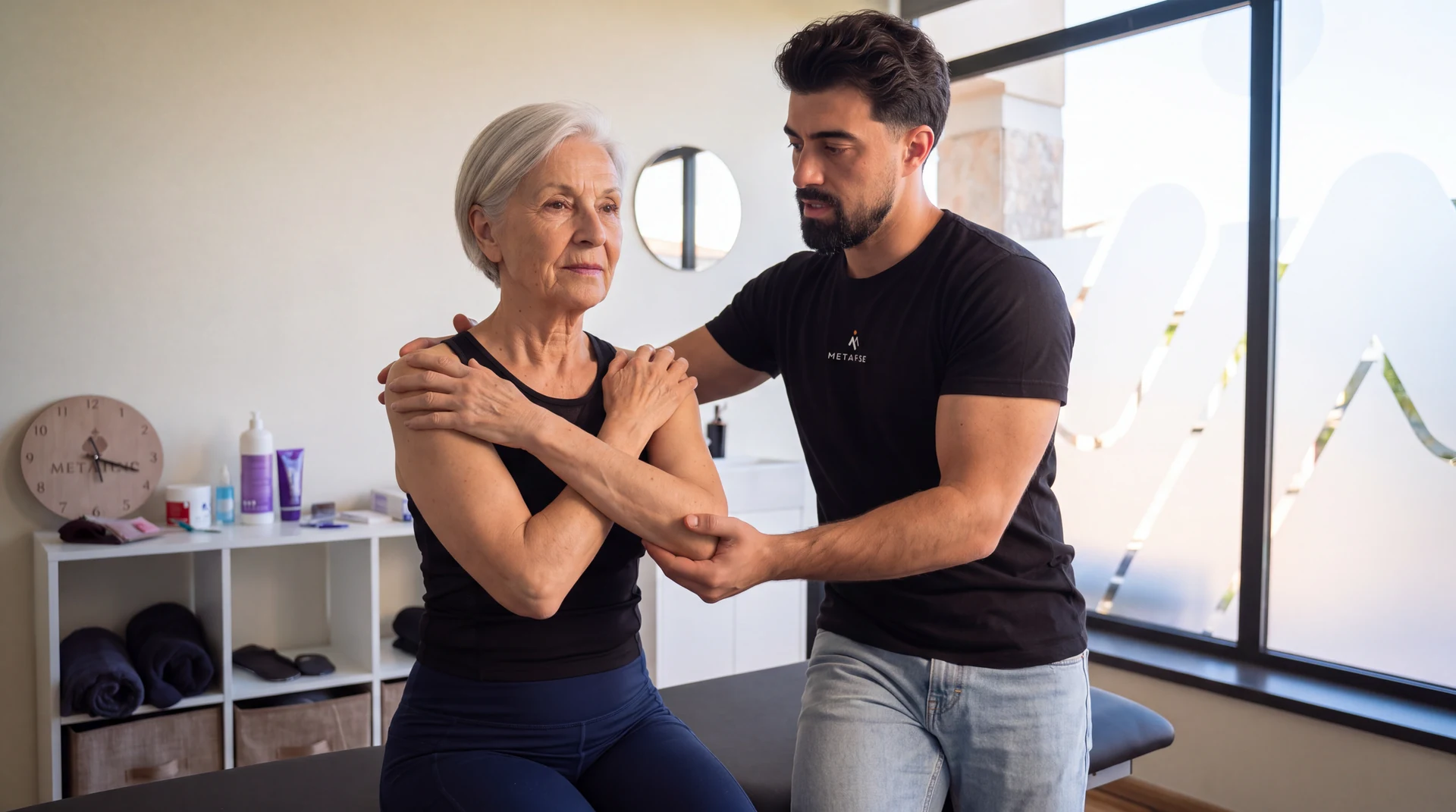 Utente mais velha realiza um exercício de mobilidade acompanhada pelo fisioterapeuta.