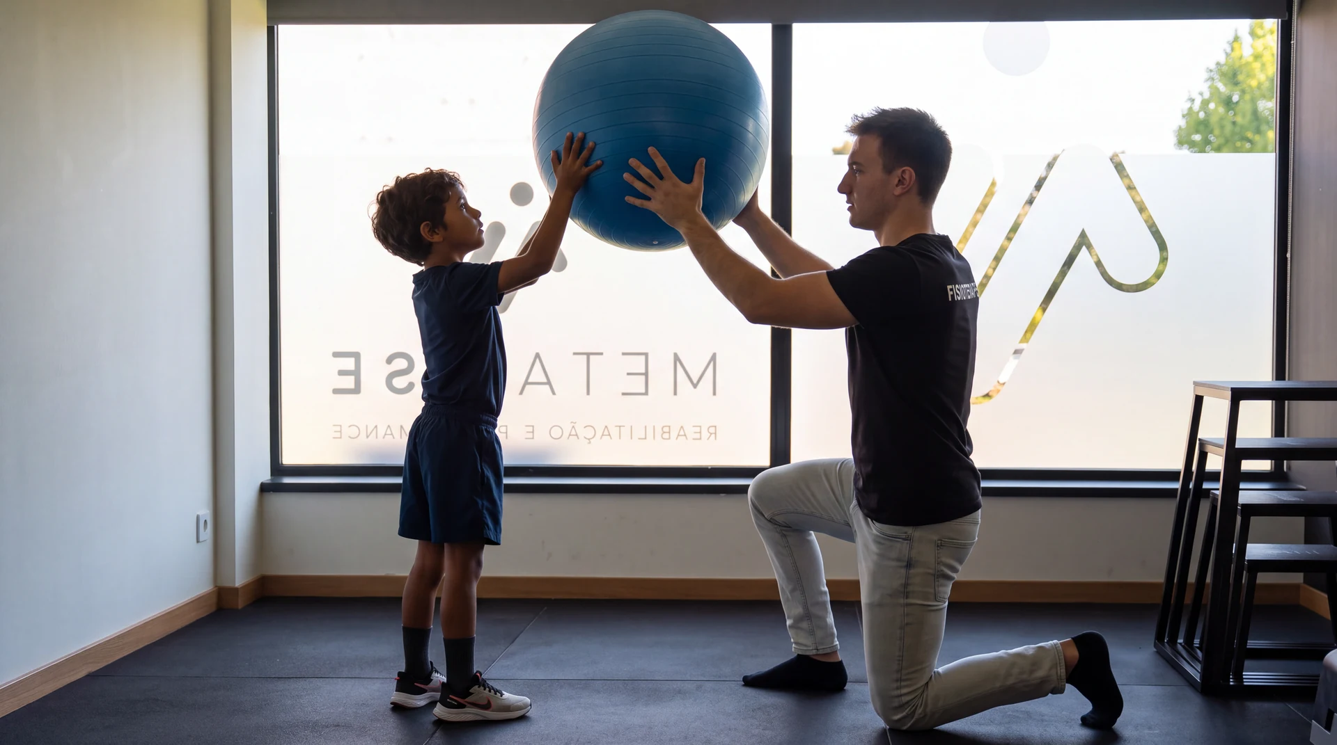 Criança alcança uma bola elevada pelo fisioterapeuta.