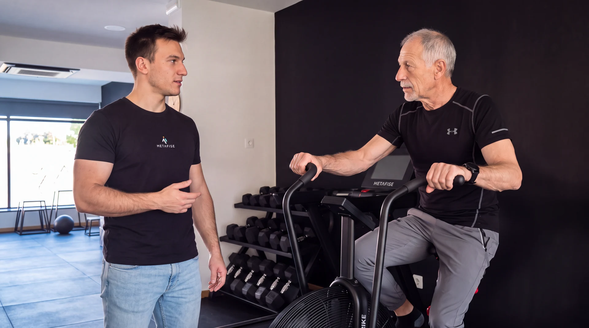 Fisioterapeuta acompanha um utente na bicicleta de exercício.