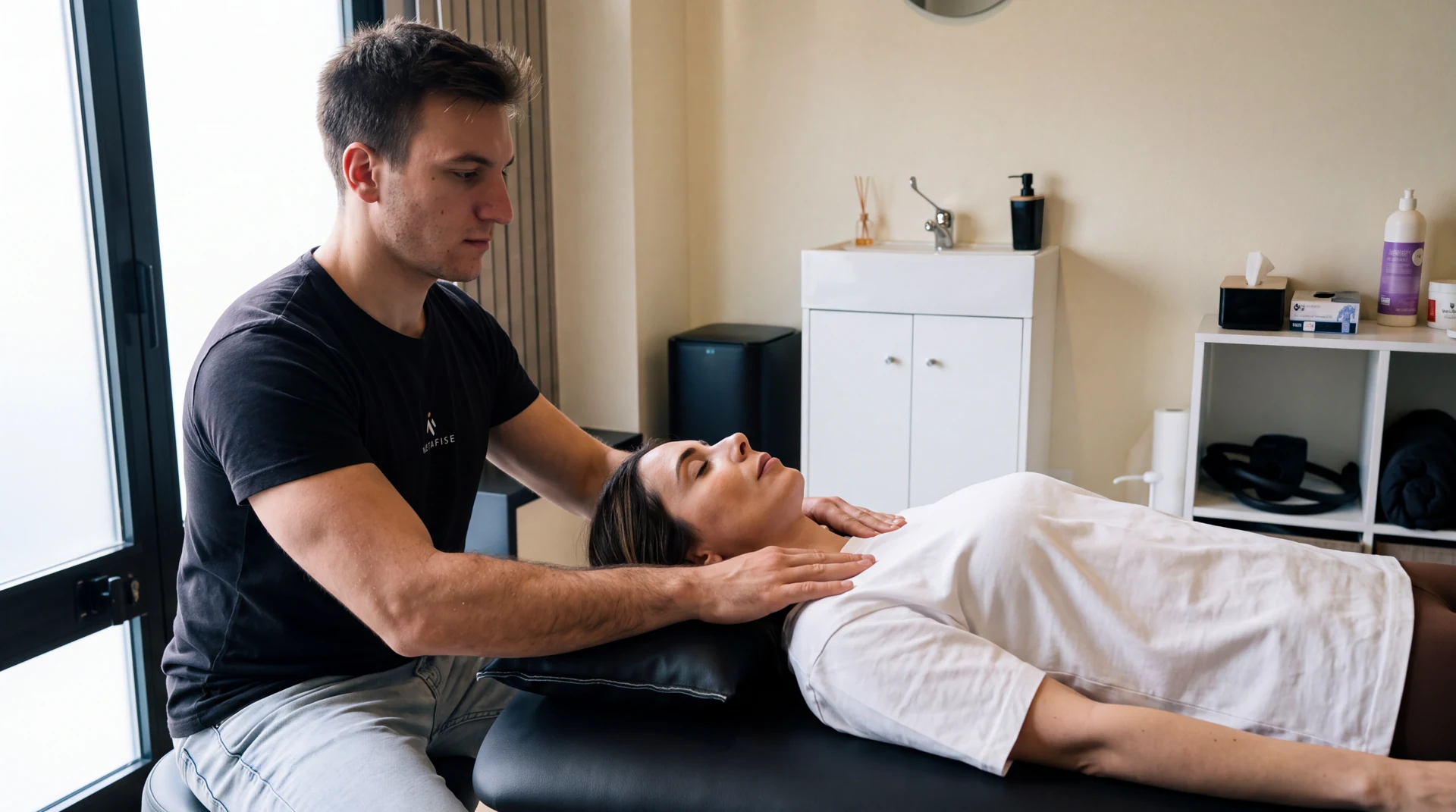 Fisioterapeuta acompanha uma utente deitada na marquesa, com apoio manual na região dos ombros.