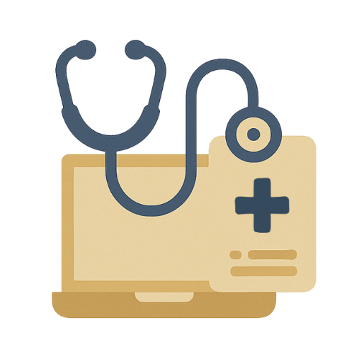 Illustration of a stethoscope, a laptop computer, and a medical chart.
