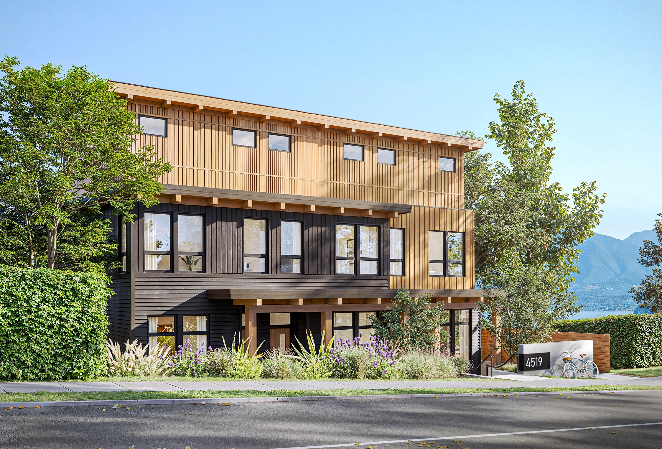 Architectural rendering of six modern residences on West 4th Avenue, featuring three- and four-bedroom townhomes with natural wood materials, large windows, and landscaped greenery in Vancouver’s English Bay and North Shore area.