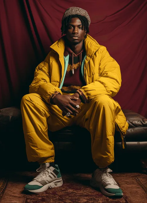 A man sitting on top of a couch wearing a yellow jacket.
