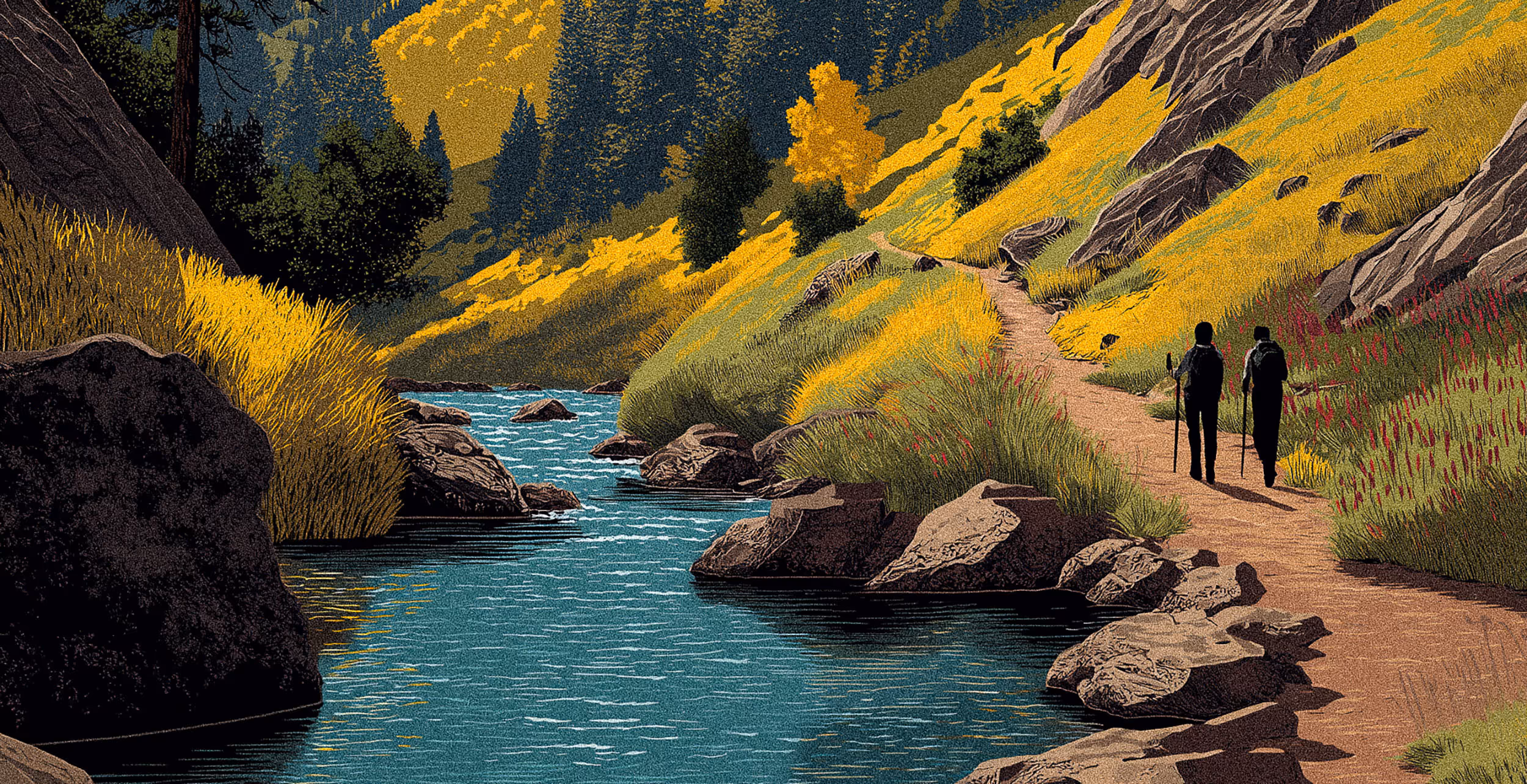 People hiking next to a stream