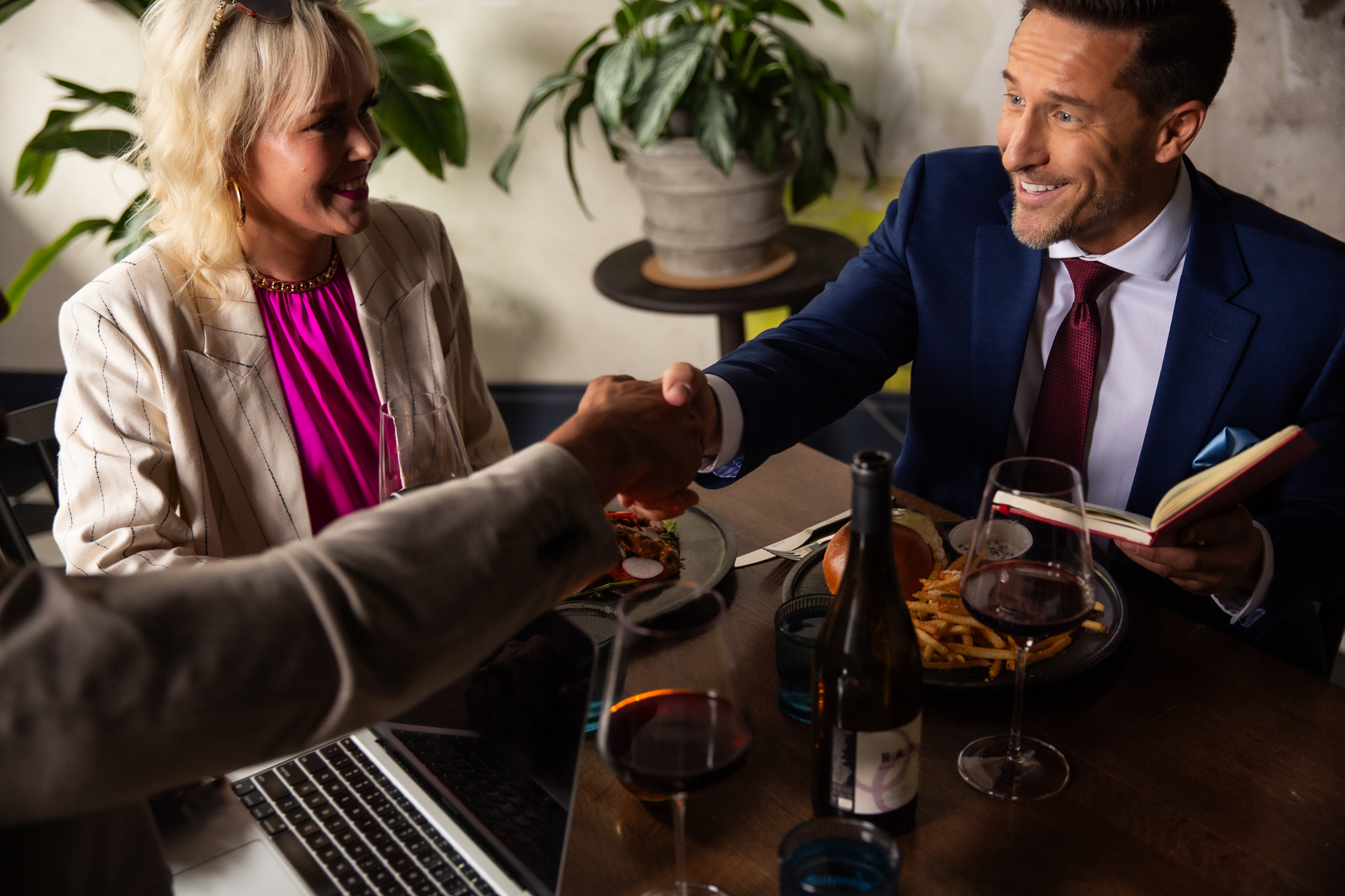 commercial photography of a business lunch at Eliza Jane hotel in New Orleans