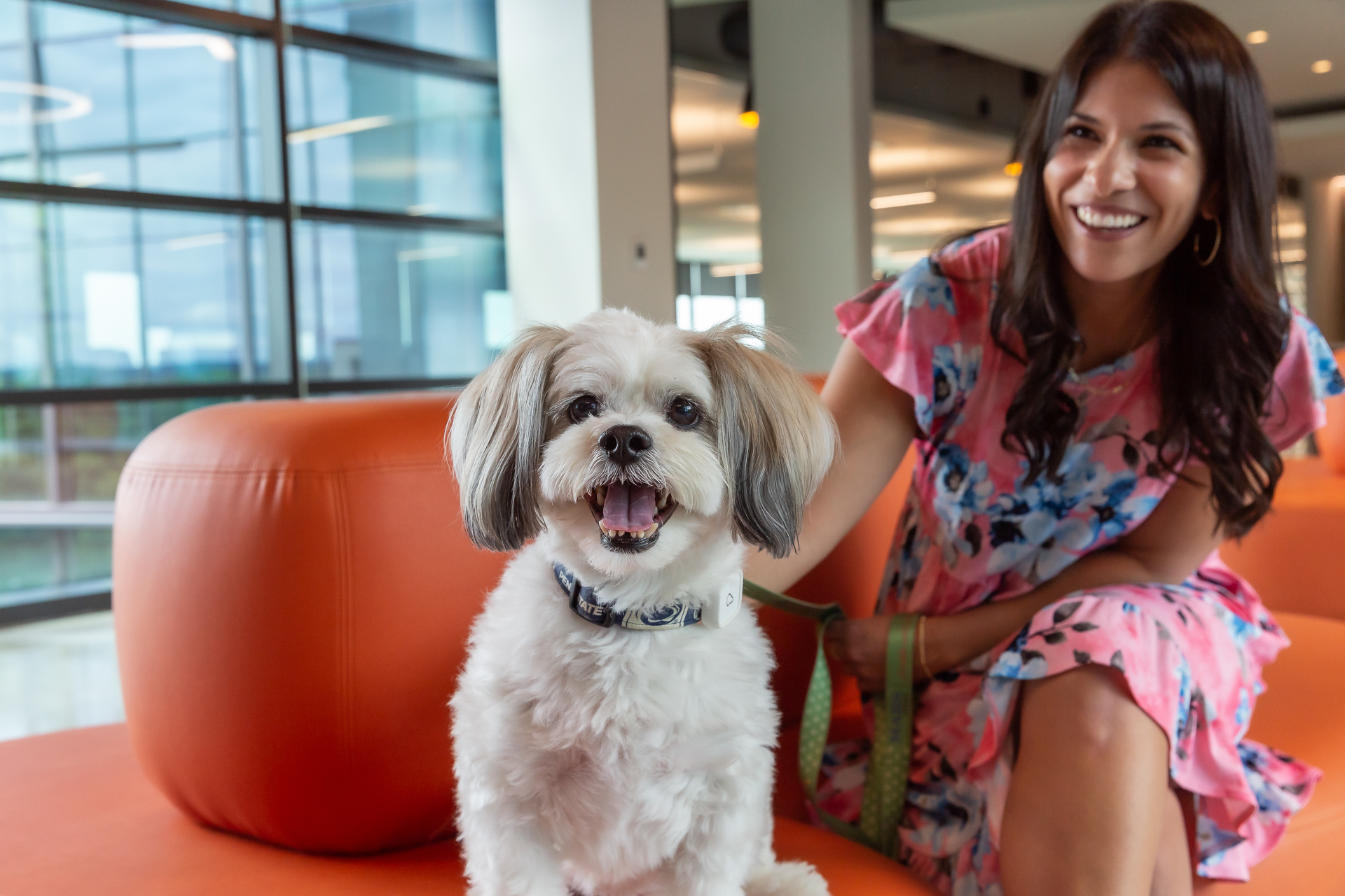 commercial photography of a woman and her pet in a corporate office