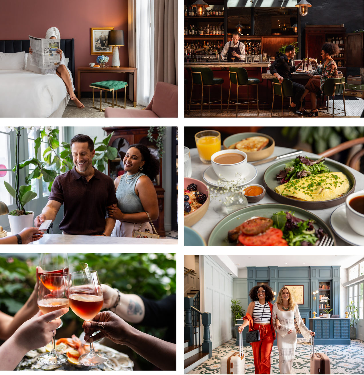 commercial photography of people enjoying hotel experiences like guest rooms and dining experiences