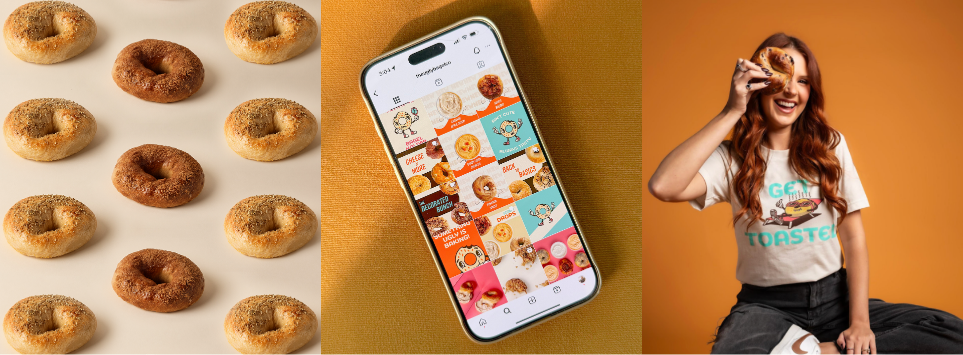 a series of photos for Ugly Bagel in Nashville, TN featuring bagels an iPhone with social media grid and a girl holding a bagel up to her eye smiling