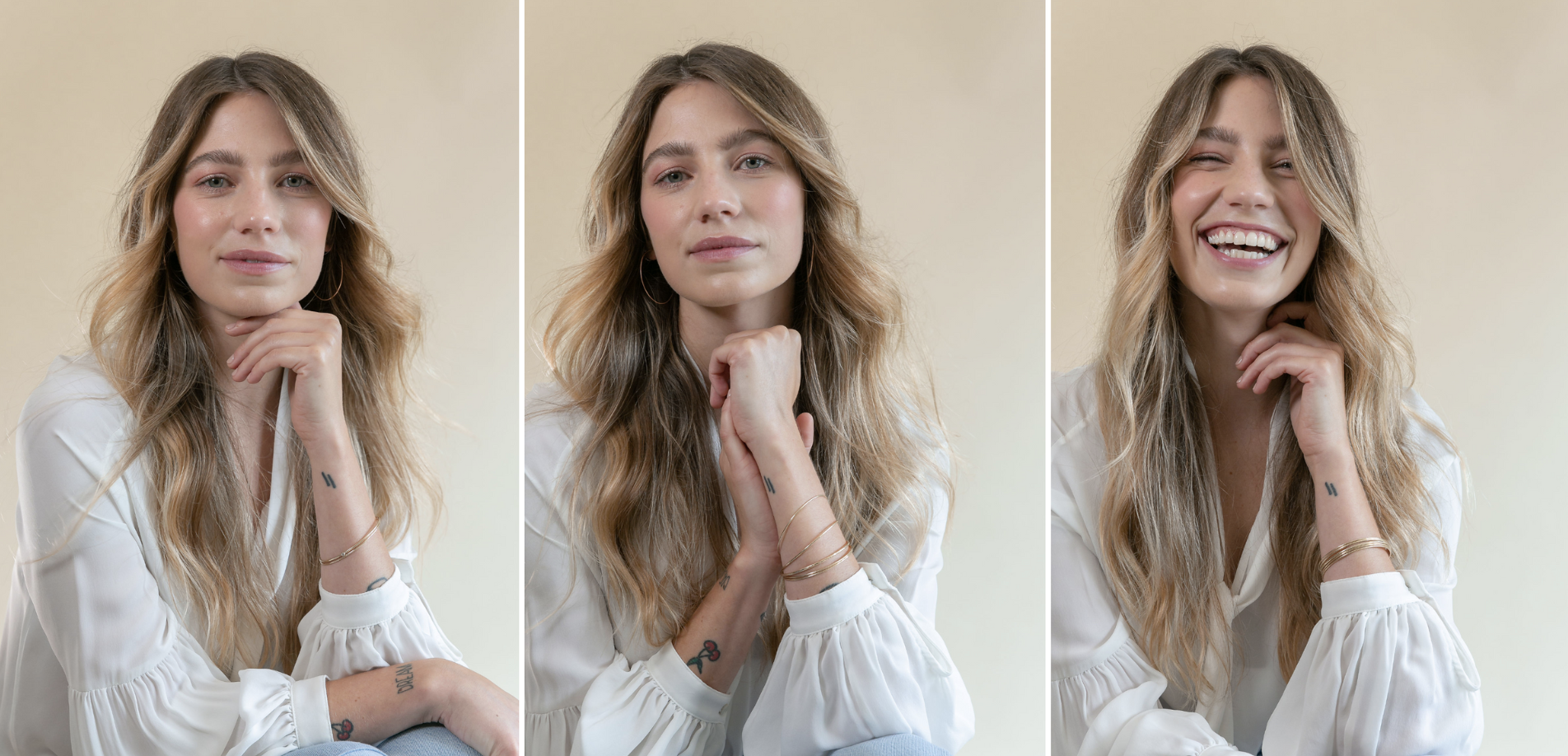 images of blonde haired woman posing, and laughing