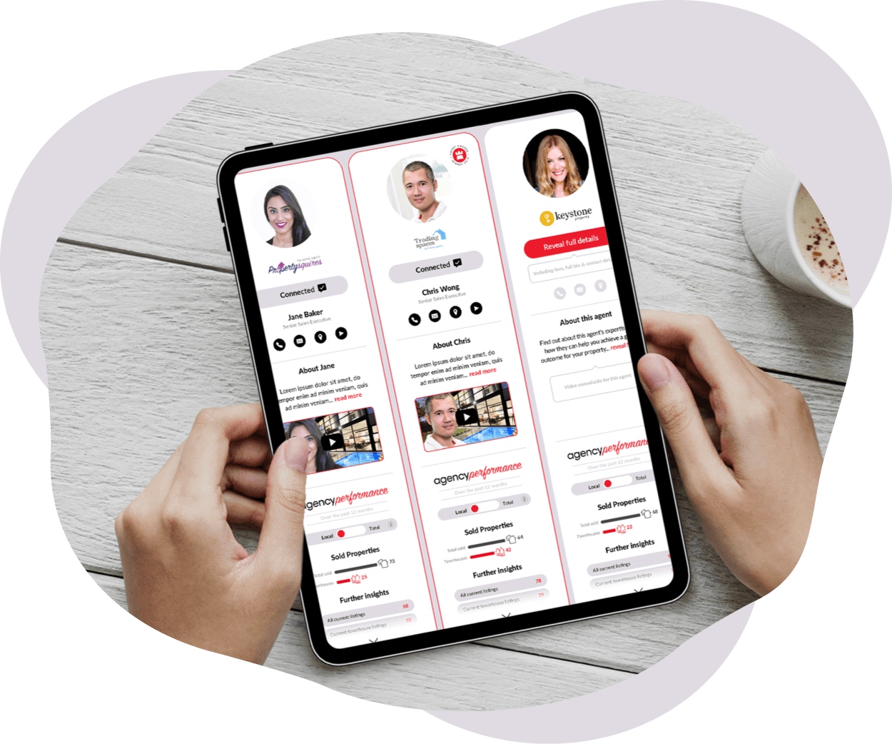 A person holding a tablet with an agents profile on the screen.