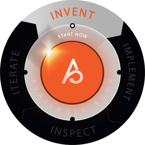An image that looks like a large orange button, with the words Invent, Implement, Inspect, and Iterate around it.  The Agiloop icon is in the center.  Only Invent is highlighted
