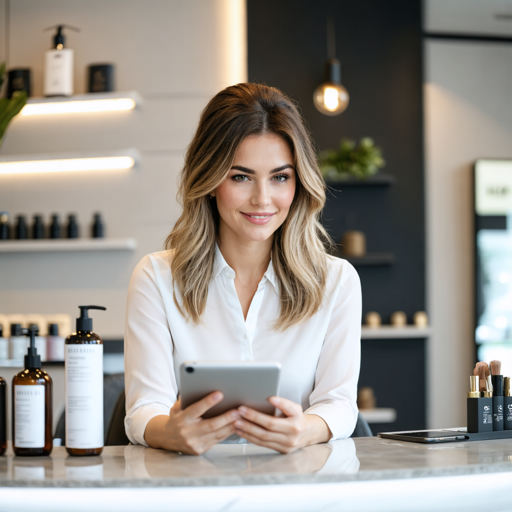 A lady searching her FAQs in her salon