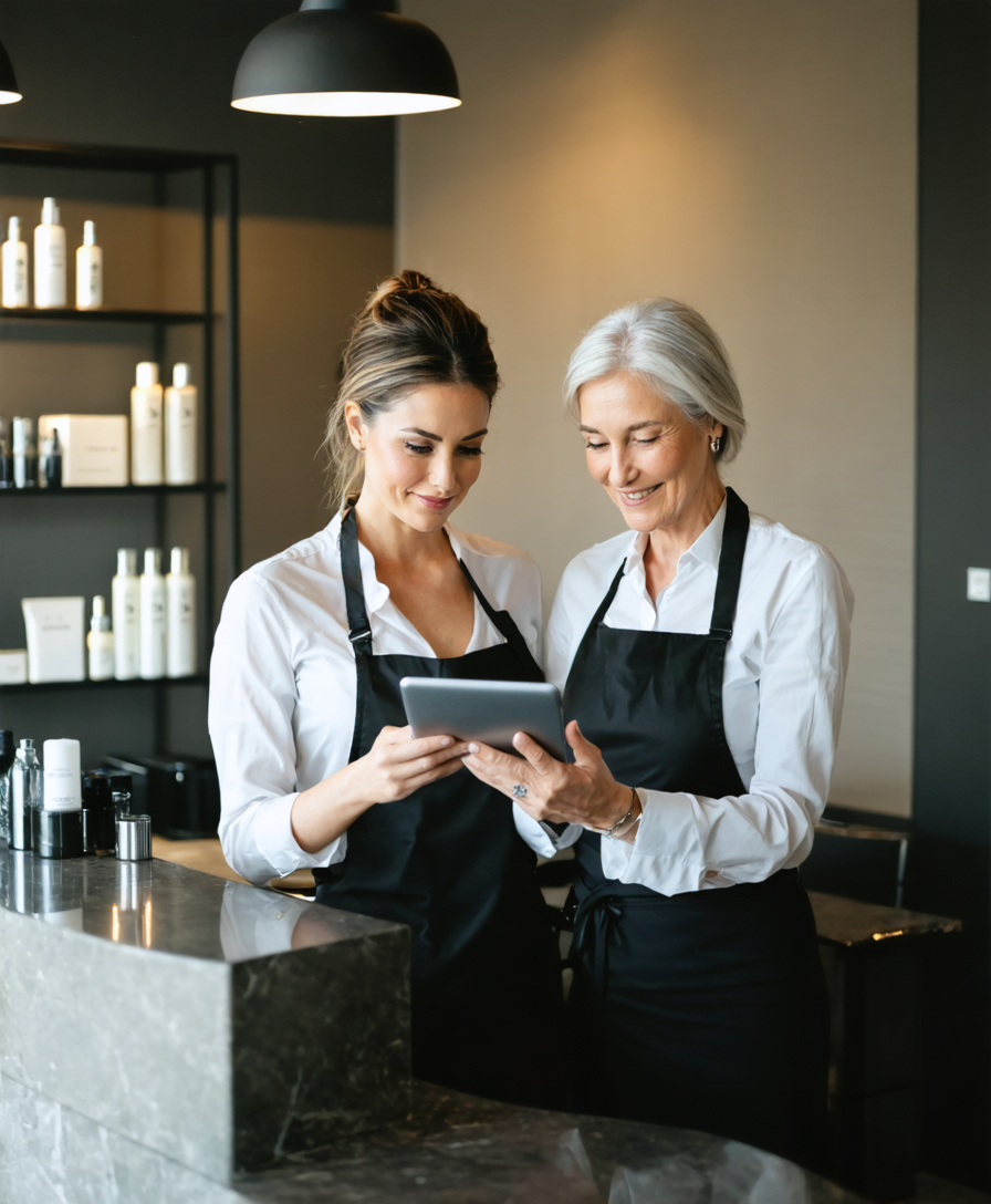 Salon ladies happily reviewing FAQs about Glammr Packs