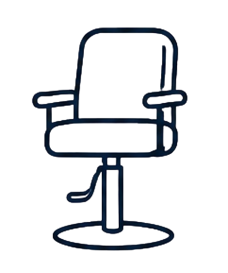 Minimalist line drawing of an office chair with armrests and adjustable lever on a round base.